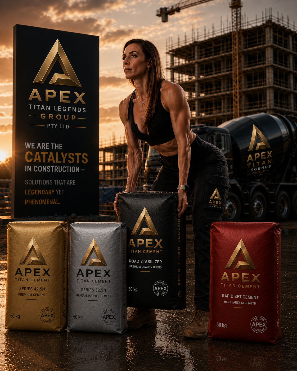 Apex Titan Legends construction professional with cement bags and mixer truck on a South African building site